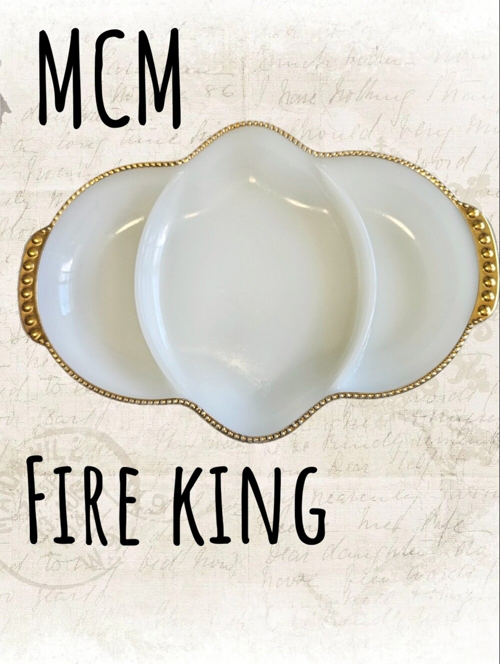 Vintage Anchor Hocking Fire-King Milk Glass Divided Tray With Gold Trim